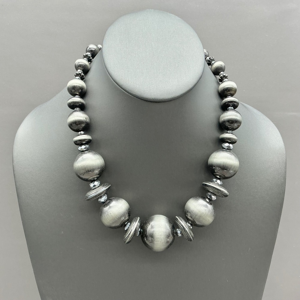 Beaded Statement Necklace Women Silver Tone Faux Hematite Graduated Chunky Beads